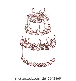 Whimsical cherry cake. Vintage style minimalist outline ink elegant element. Trendy coquette line food. Hand drawn scribble isolated vector illustration. Old party birthday anniversary, wedding design