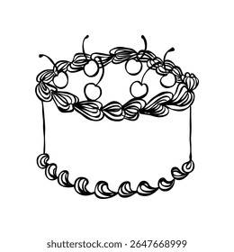 Whimsical cherry cake. Vintage style minimalist outline ink elegant element. Trendy coquette line food. Hand drawn scribble isolated vector illustration. Old party birthday anniversary, wedding design