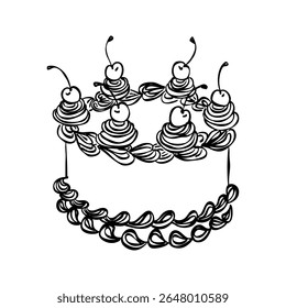 Whimsical cherry cake. Vintage style minimalist outline ink elegant element. Trendy coquette line food. Hand drawn scribble isolated vector illustration. Old party birthday anniversary, wedding design