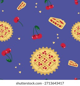 Whimsical Cherry Pie and Fruit Seamless Pattern on Blue Background in Playful Bakery Illustration Style