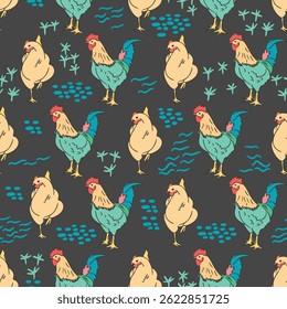 Whimsical Chicken and Rooster Vector Seamless Pattern for Farm Inspired Projects