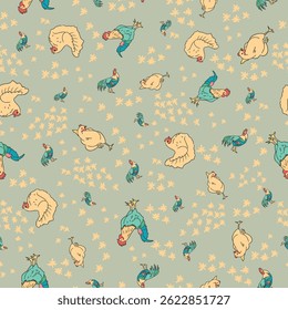 Whimsical Chicken and Rooster Vector Seamless Pattern for Farm Inspired Projects