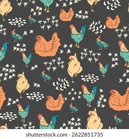 Whimsical Chicken and Rooster Vector Seamless Pattern for Farm Inspired Projects