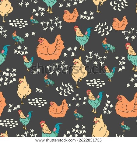 Whimsical Chicken and Rooster Vector Seamless Pattern for Farm Inspired Projects