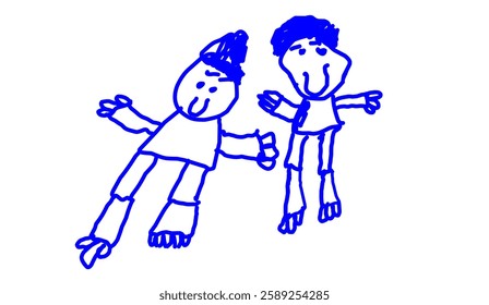 Whimsical Childhood, A Playful Depiction of Two Friends in Blue Outline, Evoking Joy and Nostalgia with Simple Shapes and Expressive Lines