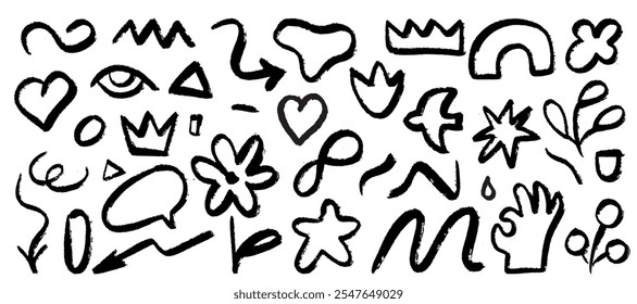 A whimsical and childish collection of design elements, reminiscent of the drawings in a sketchbook. Expressive doodle elements of different shapes.