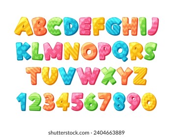 Whimsical Children Cartoon Font Alphabet Features Playful, Rounded Letters And Numbers With Vibrant Colors, Vector Set