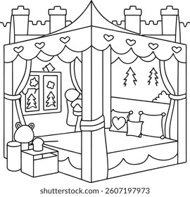 A whimsical children's bedroom decorated with a canopy bed coloring page