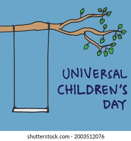 Whimsical Children's Day. Elevate your designs with this hand-drawn vector, capturing the essence of Universal Children's Day. Playful lettering, a swing, and a tree bring a touch of joy to your event