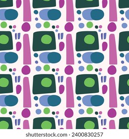 Whimsical childrens geometric vector seamless pattern for playful doodle blob background. Swatch of kids art geo allover fabric for cute quirky wallpaper illustration. 