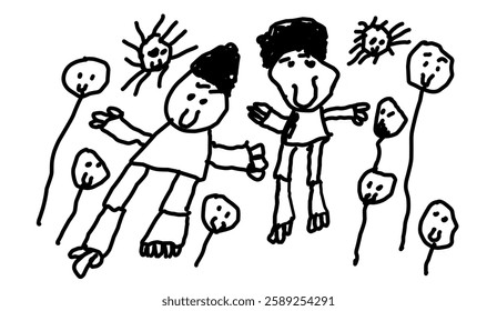 Whimsical child's drawing featuring two figures surrounded by floating heads and spiky abstract shapes in simple black lines on a white background