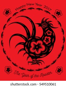 Whimsical Chinese New Year,Year of the Rooster graphic design of paper cutting in circular shape.