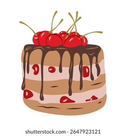 Whimsical chocolate cake topped with sweet cherries and rich glaze, set against a solid transparent background for a modern look Great for culinary and sweet treat illustrations.