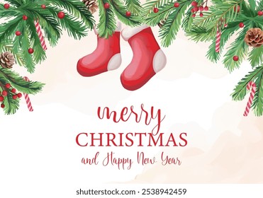 Whimsical Christmas background featuring Santa's red socks, red candies, and fir tree branches. Perfect for greeting cards and festive holiday designs.