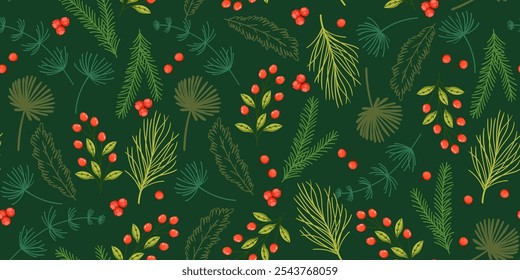 Whimsical Christmas Banner with Flat Foliage Decorations, Fir Branches and Red Berries. Seamless pattern perfect for web, print, fashion, cards. 