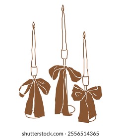 Whimsical Christmas candles with bows in a winter Italian aesthetic. Hand-drawn line doodle graphic for wall art prints, greeting cards, branding, collages.	