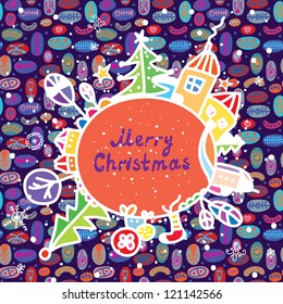 Whimsical christmas card with town and pattern