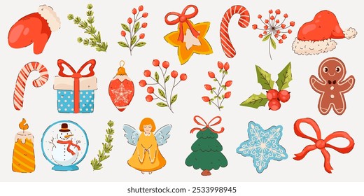 Navidades caprichosas Colección de iconos y adornos de Festiva. Diseños alegres de bastones de caramelo, árbol de Navidad, ángel, regalo, estrella, hombres de jengibre y verdor festivo