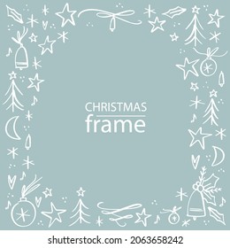 Whimsical Christmas doodle frame with ornaments, trees, bells, stars, snowflakes and flourishes. Modern winter holiday square banner or card design with mint blue background and white images.