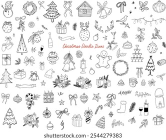 Whimsical Christmas doodle line art festive and holiday icon illustrations for holiday labels, posters, cards and invites.