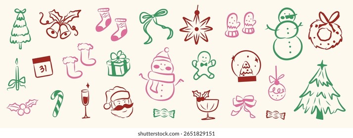 Whimsical Christmas doodle line art festive and holiday icon. Green, red, pink elements illustrations for sale, promotion, branding, labels, posters, cards, invitation, greeting card, social media.