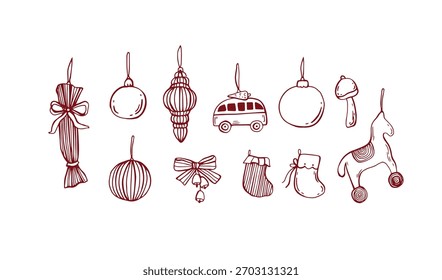 Whimsical christmas doodle set, vector illustrations, vintage retro style