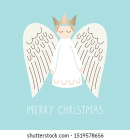 Whimsical Christmas Holiday Scandinavian Style Angel and Merry Christmas Words on Aqua Background Vector Card. Minimal Nordic Festive Advent Backdrop. Cute Hand-Drawn Typography Illustration