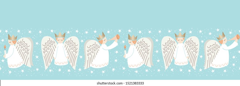 Whimsical Christmas Holiday Scandinavian Style Angels, Snowflakes and Stars on Aqua Background Vector Seamless Horizontal Border Pattern. Minimal Nordic Festive Advent Home Backdrop. Trendy Whimsical 