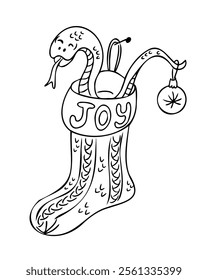 Whimsical Christmas illustration with snake peeking out of festive stocking labeled JOY, with hanging ornament on its tail. Vector hand drawn drawing isolated on white background for coloring pages