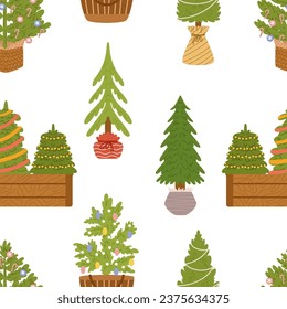 Whimsical Christmas Magic Unfolds In Seamless Xmas Pattern, Adorned With Charming Christmas Trees In Pots. Holiday Joyful Design With Festive And Yuletide Delight. Cartoon Vector Illustration