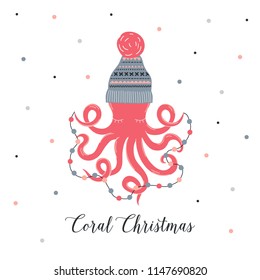 Whimsical Christmas Octopus in jacquard winter hat. Underwater seasonal Xmas concept art. Merry Christmas ocean poulpe with decorative garland on dotty background.