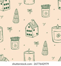 Whimsical Christmas seamless pattern with candle and christmas tree. Vector linear hand drawn wrapping paper