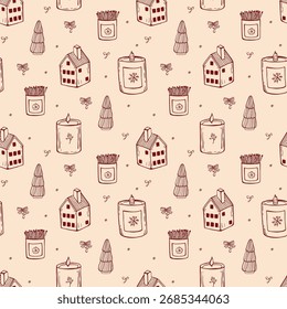 Patrón de Navidades caprichosas sin fisuras con vela y árbol de Navidad en color rojo. Vector lineal dibujado a mano papel de embalaje