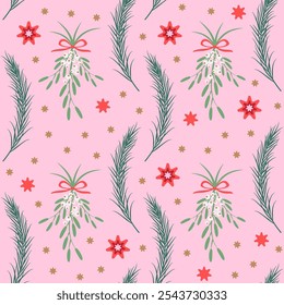 Whimsical Christmas seamless pattern with pine tree branches, mistletoe and various colorful stars on pink background. Festive winter design for seasonal projects, packaging, scrapbooking, etc.