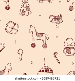 Whimsical Christmas seamless pattern in red color with vintage toys. Line art hand drawn coquette illustrations.