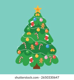 whimsical christmas tree decorations with christmas light, christmas star, candy cane, colorful bauble, ornament, bell , christmas sock, gingerbread man vector illustration