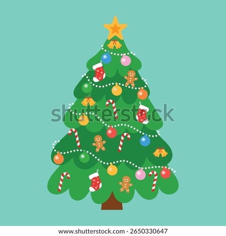 whimsical christmas tree decorations with christmas light, christmas star, candy cane, colorful bauble, ornament, bell , christmas sock, gingerbread man vector illustration