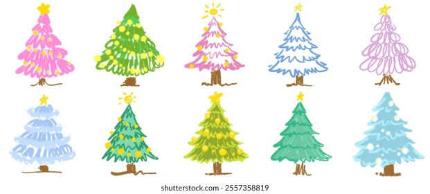 Whimsical Christmas Tree Illustration Set: Hand-Drawn Festive Elements for Decorating Cards, Party Themes, and New Year Celebrations in December