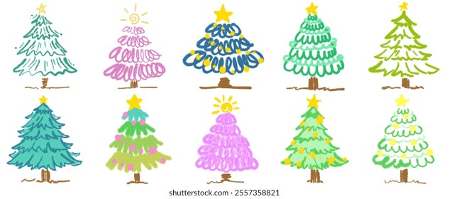 Whimsical Christmas Tree Illustration Set: Hand-Drawn Festive Elements for Decorating Cards, Party Themes, and New Year Celebrations in December