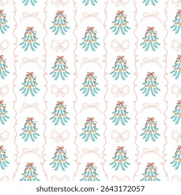 Whimsical Christmas tree striped seamless pattern with pink bows and ribbons, vertical lines. Vector New Year holiday grandmillennial wallpaper, retro bow knots, coquette hand drawn repeat background.