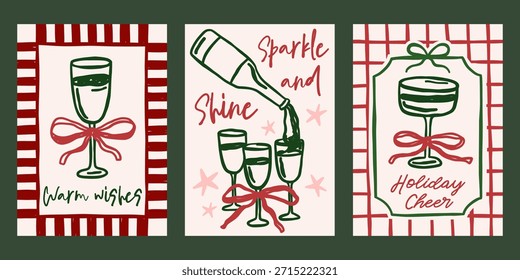 Conjunto de tarjetas de Vector de Navidades caprichosas. Antiguas Retro diseños de impresión de vacaciones con ilustración de copas de champán en marcos de coqueta
