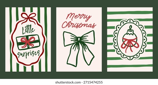 Whimsical Christmas vector cards set. Vintage retro holidays print designs with gift, bow, ornament illustrations in coquette frames