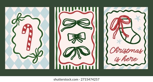 Wunderschöne Weihnachts-Vektorkarten. Vintage Retro-Feiertage Printdesigns mit Zuckerrohr, Strumpf, Bögen Illustrationen in Coquette Rahmen