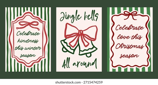 Whimsical Christmas vector cards set. Vintage retro holidays print designs with jingle bells illustration, festive quotes in coquette frames