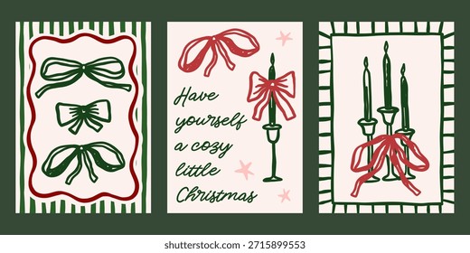 Whimsical Christmas vector cards set. Vintage retro holidays print designs with bows, candles illustrations in coquette frames