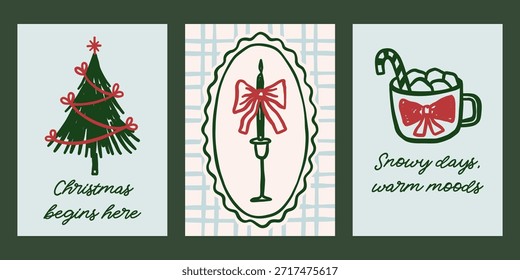 Whimsical Christmas vector cards set. Vintage retro holidays print designs with tree, candle, cocoa mug illustrations in coquette frames