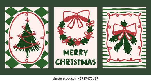 Whimsical Christmas vector cards set. Vintage retro holidays print designs with tree, wreath, brunches illustrations in coquette frames