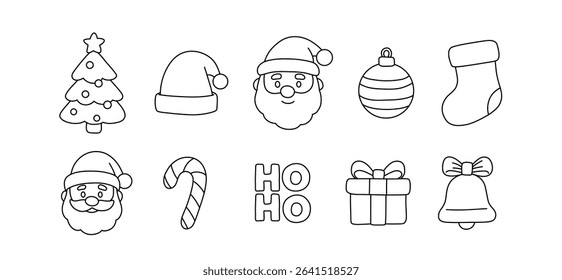 Whimsical Christmas vector icons featuring Santa, festive tree, and holiday gifts. Perfect for seasonal designs, digital greetings, and holiday projects.