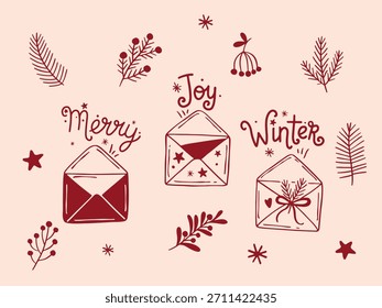 Conjunto de Vector de Navidades caprichosas que incluyen sobres rojos, palabras Merry, Joy, Winter, ramas de pino nevado, bayas, estrellas y copos de nieve, en un estilo festivo y colorido