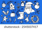 Whimsical Christmas winter doodle set. Handdrawn icons of snowmen, Santa, reindeer, gifts, snowflakes, and holiday ornaments.